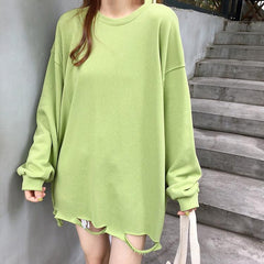 Oversized Solid Colors Ripped Holes O-Neck Sweatshirt