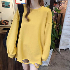 Oversized Solid Colors Ripped Holes O-Neck Sweatshirt