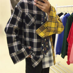 Oversized Three Patched Colors Plaid Loose Shirt