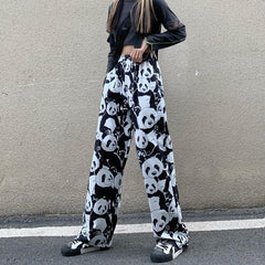 Pantalones rectos de moda japonesa con estampado de panda