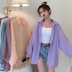 Pastel Colors Oversized Chiffon Thin Blouse