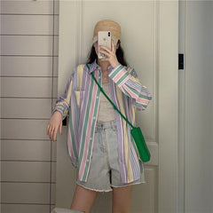 Pastel Stripes Retro Pajamas Aesthetic Loose Shirt