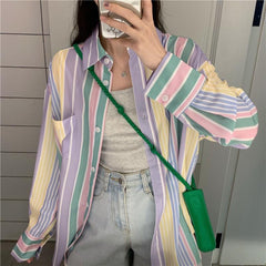 Pastel Stripes Retro Pajamas Aesthetic Loose Shirt