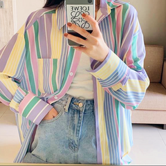 Pastel Stripes Retro Pajamas Aesthetic Loose Shirt