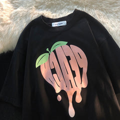 Pink Black Kawaii Peach Letter Print Loose T-shirt