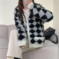 Cárdigan vintage suave y holgado con estampado de rombos en rosa y negro