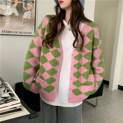 Cárdigan vintage suave y holgado con estampado de rombos en rosa y negro