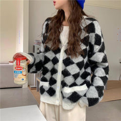 Cárdigan vintage suave y holgado con estampado de rombos en rosa y negro