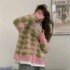 Cárdigan vintage suave y holgado con estampado de rombos en rosa y negro