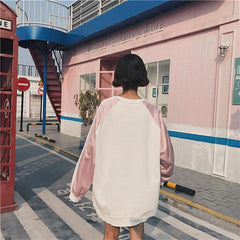 Pink Blue Sakura Chest Embroidery Colored Line Sleeve Oversized Sweatshirt