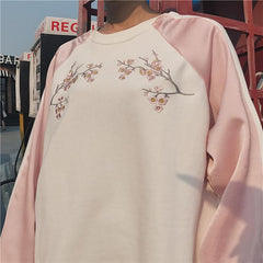 Pink Blue Sakura Chest Embroidery Colored Line Sleeve Oversized Sweatshirt