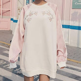 Pink Blue Sakura Chest Embroidery Colored Line Sleeve Oversized Sweatshirt