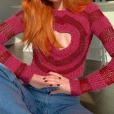 Pink Heart Cutout Striped Pattern Knit Cropped Sweater