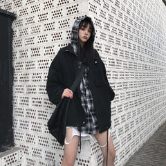 Plaid Hood Fake Two Piece Korean Fashion Loose Jacket