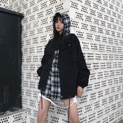 Plaid Hood Fake Two Piece Korean Fashion Loose Jacket