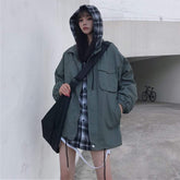 Plaid Hood Fake Two Piece Korean Fashion Loose Jacket