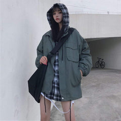 Plaid Hood Fake Two Piece Korean Fashion Loose Jacket