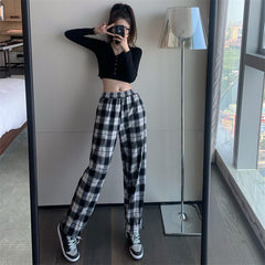 Gerade Hose mit Karomuster und koreanischer Ästhetik