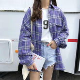 Plaid Purple Oversized Long Buttons Collar Long Sleeve Shirt