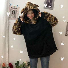 Plush Camouflage Sleeves Bear Ears Hooded Sweatshirt