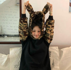 Plush Camouflage Sleeves Bear Ears Hooded Sweatshirt