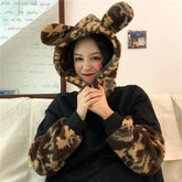 Plush Camouflage Sleeves Bear Ears Hooded Sweatshirt