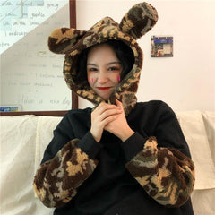 Plush Camouflage Sleeves Bear Ears Hooded Sweatshirt