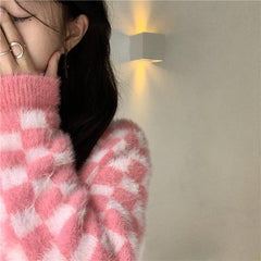 Cárdigan de felpa con cuadros rosas y estética Tumblr