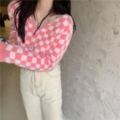 Cárdigan de felpa con cuadros rosas y estética Tumblr