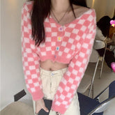 Plush Checkered Tumblr Pink Aesthetic Cardigan