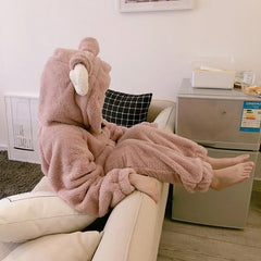 Plush Warm Sheep Ears Pink Pajama Suit