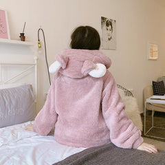 Plush Warm Sheep Ears Pink Pajama Suit