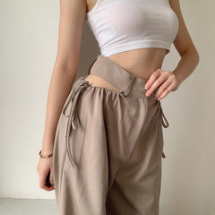 Pocket Cut Out High Waist Drawstring Khaki Pants