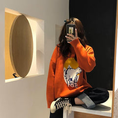 Suéter holgado de punto de oso polar negro y naranja