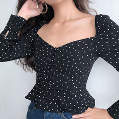 Polka Dot Retro Flared Sleeves Black Blouse