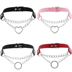 Punk Leather Heart Circle Chains Chocker