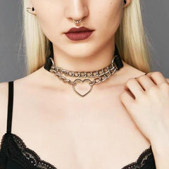 Punk Leather Heart Circle Chains Chocker