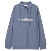 Purple Flower Embroidery Polo Collar Loose Pullover