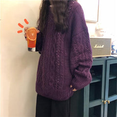 Suéter holgado y cálido con trenzas retro de punto en morado y verde