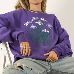 Purple Iris Flowers Embroidery Oversized Sweatshirt