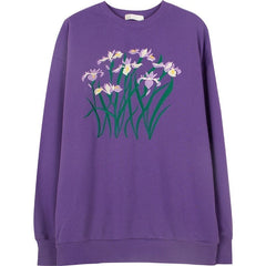 Purple Iris Flowers Embroidery Oversized Sweatshirt