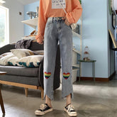 Rainbow Hearts Embroideries Art Hoe Blue Denim Pants