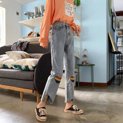 Rainbow Hearts Embroideries Art Hoe Blue Denim Pants