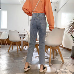 Rainbow Hearts Embroideries Art Hoe Blue Denim Pants