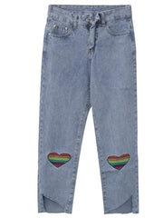 Rainbow Hearts Embroideries Art Hoe Blue Denim Pants