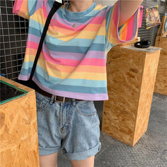 Rainbow Stripes Pastel Aesthetic Kawaii Loose T-Shirt