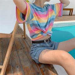 Rainbow Stripes Pastel Aesthetic Kawaii Loose T-Shirt