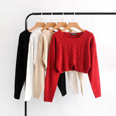 Red Beige Black White Knit Cropped Sweater