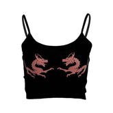 Red Chinese Dragons Print Sleeveless Black Crop Top