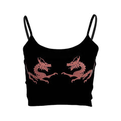 Red Chinese Dragons Print Sleeveless Black Crop Top